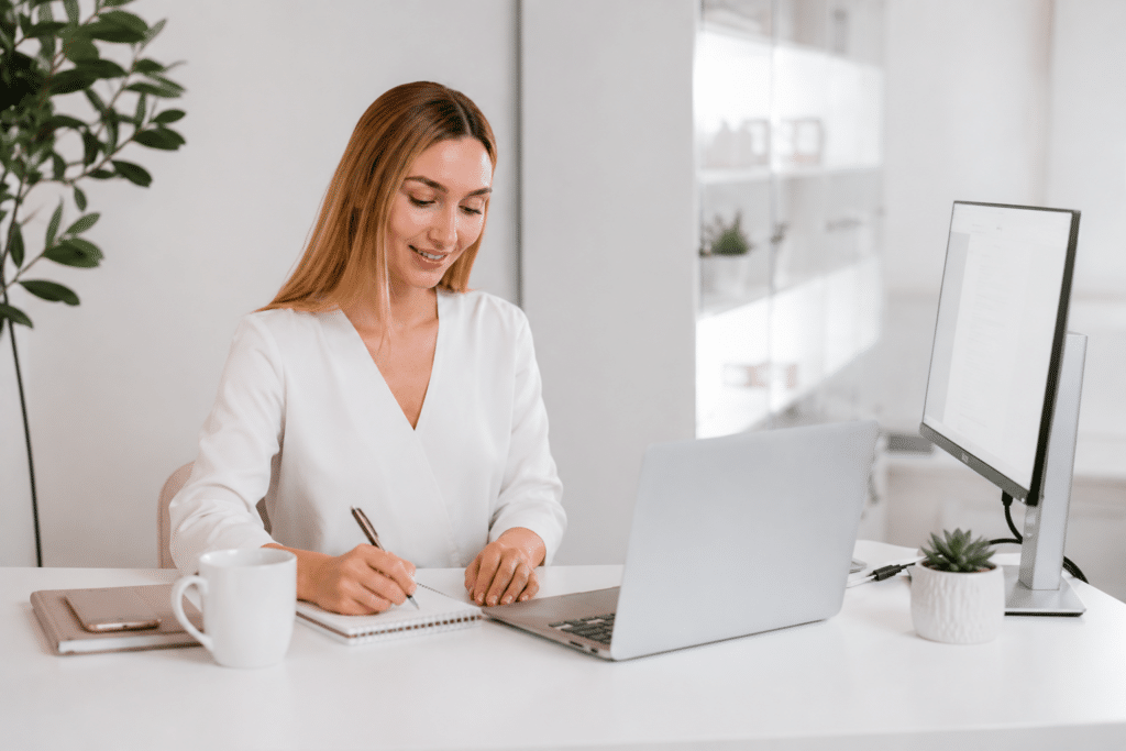 Woman taking notes at a desk with a laptop, monitor, and coffee mug in a modern office.